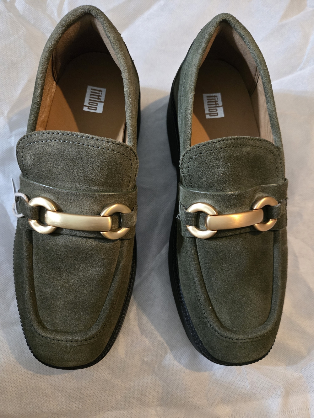 Fitflop Women’s Olive Suede Loafers with Gold Bit